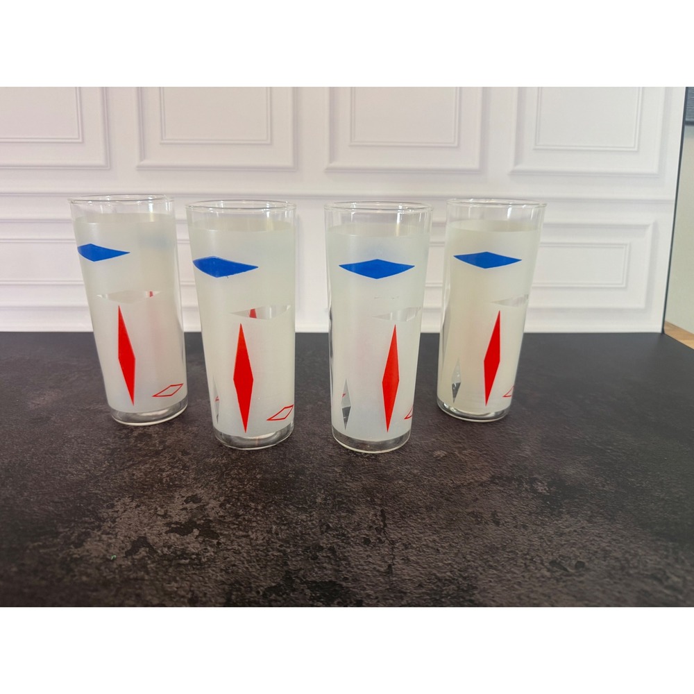 Vintage MCM Frosted Harlequin Diamond Highball Glasses Red Blue Set of 4